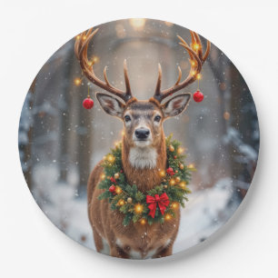 Hirsch in Schneeflocken mit einem Weihnachtsfestkr Pappteller