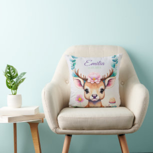 Hirsch mit Blumen - Wasserfarbe Kindermotiv Kissen