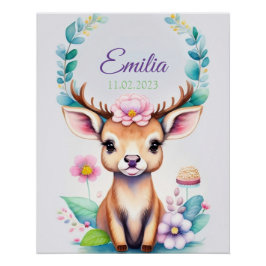 Hirsch mit Blumen - Wasserfarbe Kindermotiv Poster