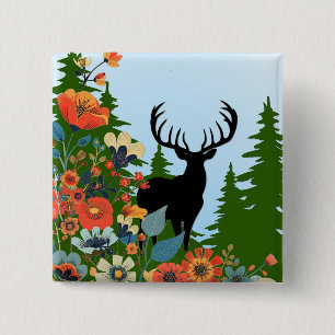 Hirsch mit großem Geweih aus dem Wald blauer Himme Button