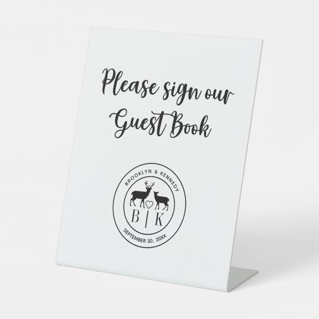 Hirsch Monogram Rustic Country Wedding Guest Book Sockelschild (Vorderseite)