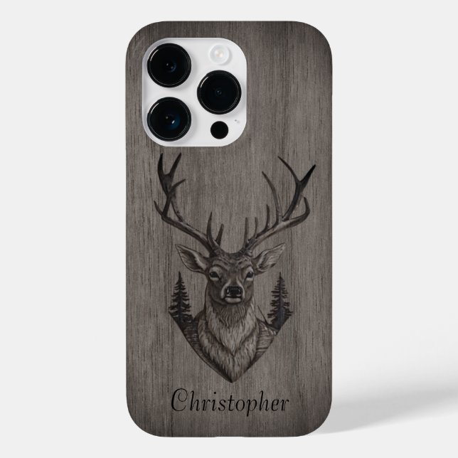 Hirsch - Schnittholz - Personalisiertes Holz Case-Mate iPhone 14 Pro Hülle (Rückseite)
