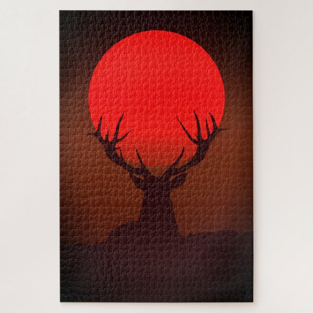 Hirsch-Silhouette mit feurigem roten Sonnenunterga (Vertikal)