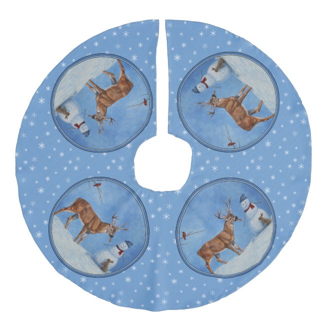 Hirsch & Snowman Weihnachten Schneeflocken Leinenimitat Weihnachtsbaumdecke (Vorderseite)