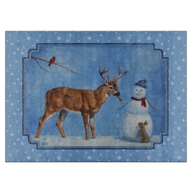Hirsch & Snowman Weihnachten Schneeflocken Schneidebrett (Vorderseite)