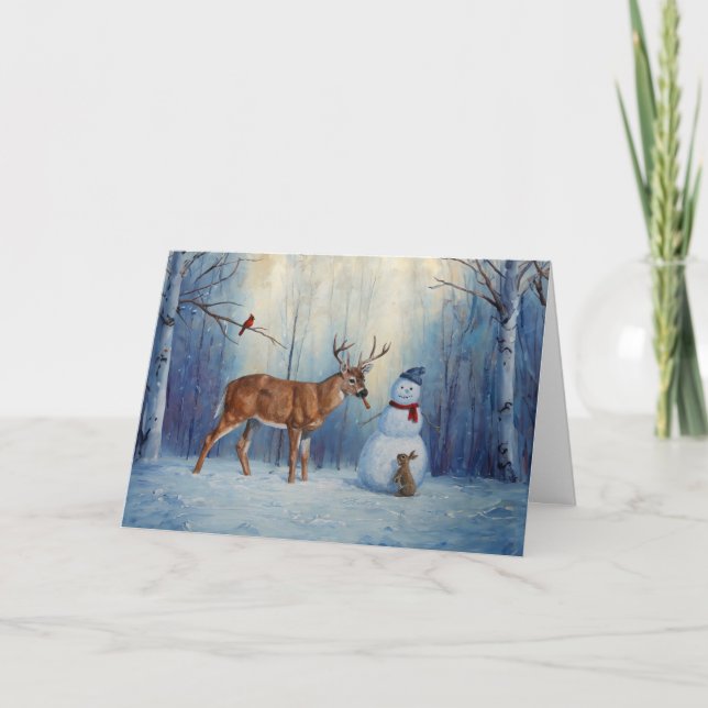 Hirsch & Snowman Weihnachtsschnee Feiertagskarte (Vorderseite)