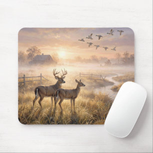 Hirsch steht bei Sonnenaufgang an einem Fluss Mousepad
