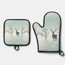 Hirsch- und Baummuster Ofenhandschuh & Topflappen-Set