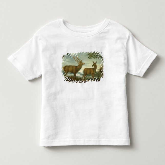 Hirsch und Hinter in einer bewaldeten Landschaft Kleinkind T-shirt (Vorderseite)