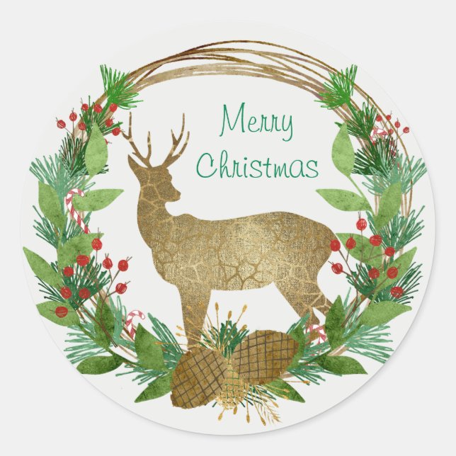 Hirsch und Pine Bough Frohe Weihnachtsfeier Runder Aufkleber (Vorderseite)
