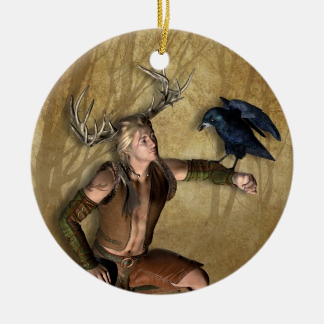 Hirsch-und Raben-personalisierte runde Verzierung Keramik Ornament (Vorne)