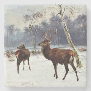 Hirsch und Ricke in einer winterlichen Landschaft Steinuntersetzer