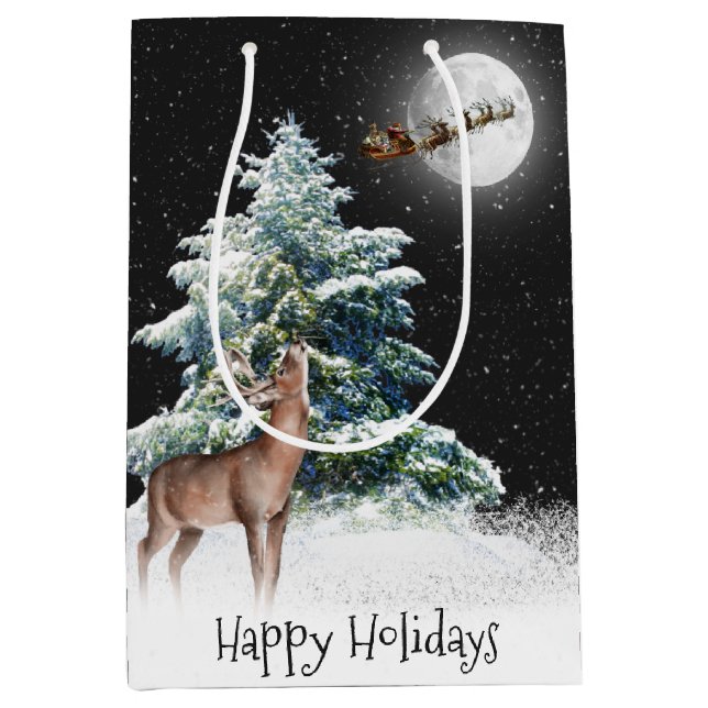 Hirsch und Santa In Sleigh Mittlere Geschenktüte (Vorderseite)