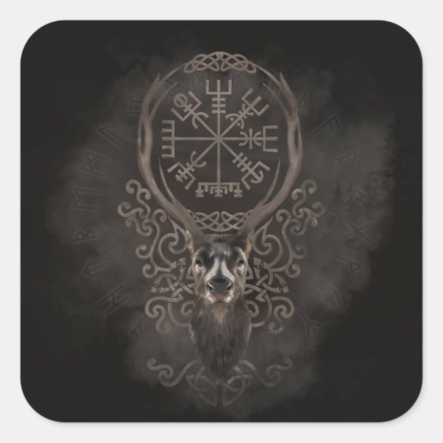 Hirsch und Vegvisir - Viking Navigation Compass Quadratischer Aufkleber (Vorderseite)