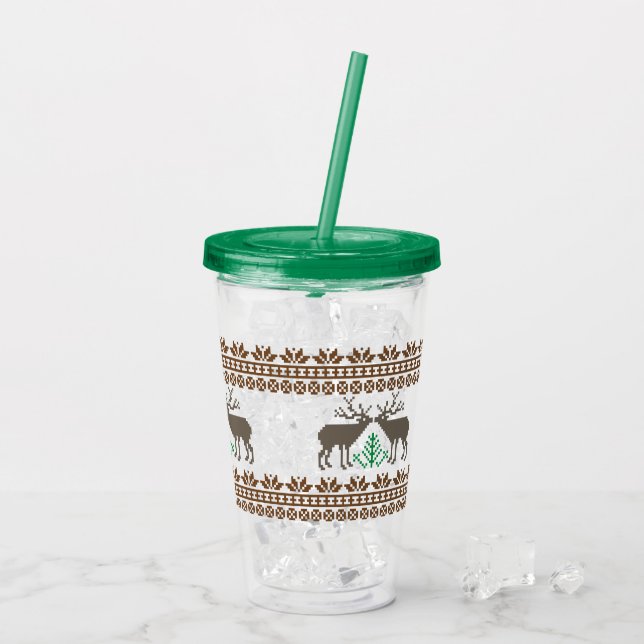 Hirsch und Weihnachtsbaum Litauisches Volksmuster Acryltrinkbecher (Rückseite Ice)