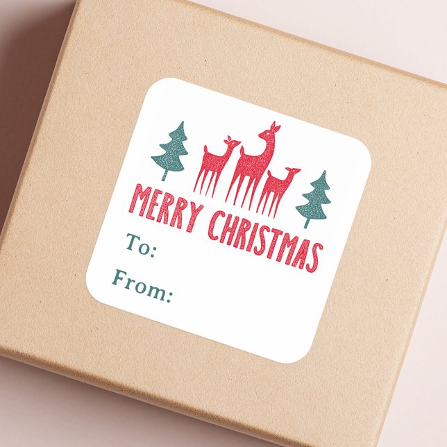 Hirsch- und Weihnachtsbäume bis hin zu Geschenketi Quadratischer Aufkleber (Deer and Christmas trees to from gift labels)