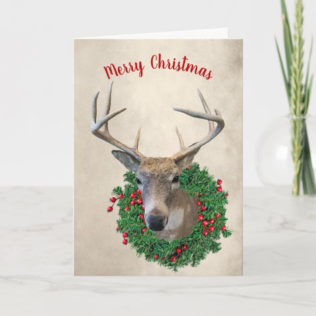 Hirsch und Weihnachtskranz Feiertagskarte (Vorderseite)
