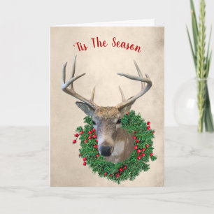 Hirsch und Weihnachtskranz Feiertagskarte