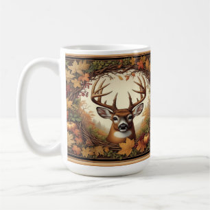 Hirsch von Herbstlaub umgeben Kaffeetasse