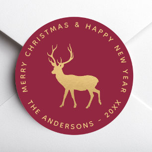 Hirsch Weihnachten Burgunderrot Faux Gold Elegant Runder Aufkleber