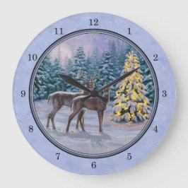 Hirsch & Weihnachtsbaum Winter Blue Große Wanduhr