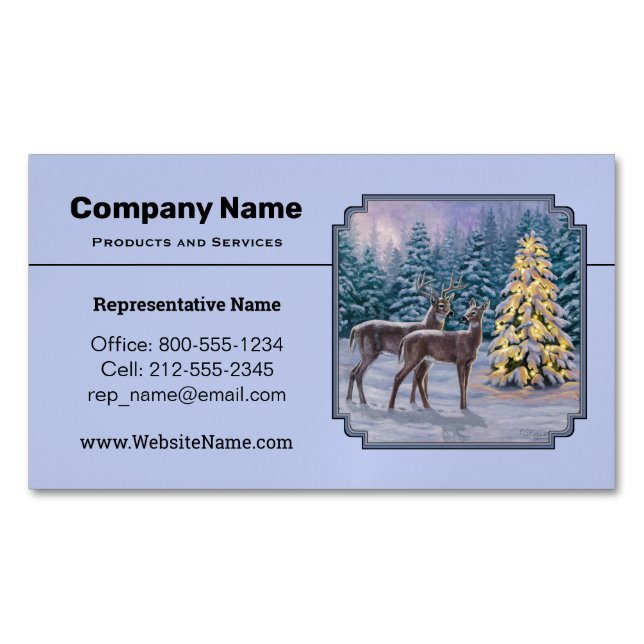 Hirsch & Weihnachtsbaum Winter Blue Magnetische Visitenkarte (Vorderseite)