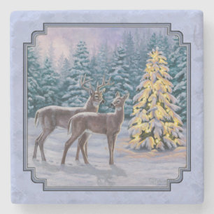 Hirsch & Weihnachtsbaum Winter Blue Steinuntersetzer
