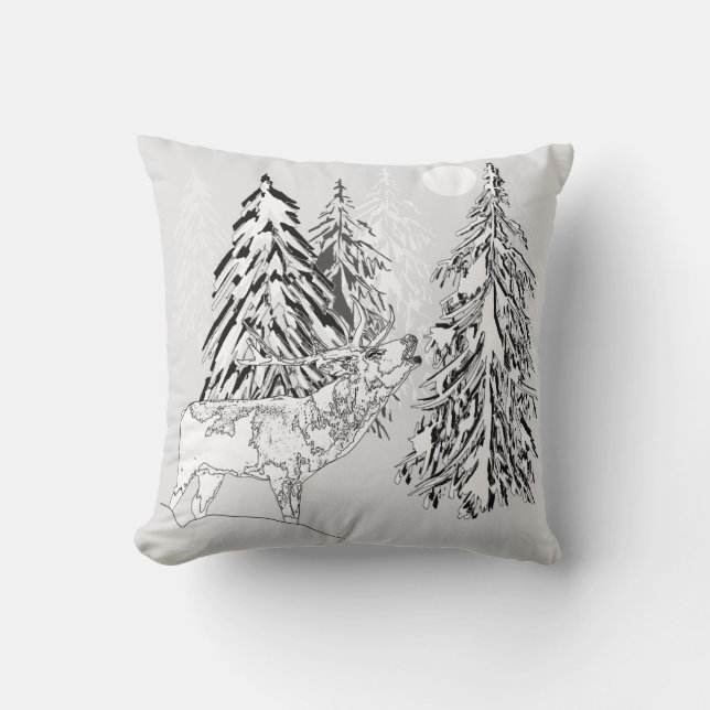 Hirsch, Winter, Wald, Weihnachtsbäume, einfarbig Kissen (Vorderseite)