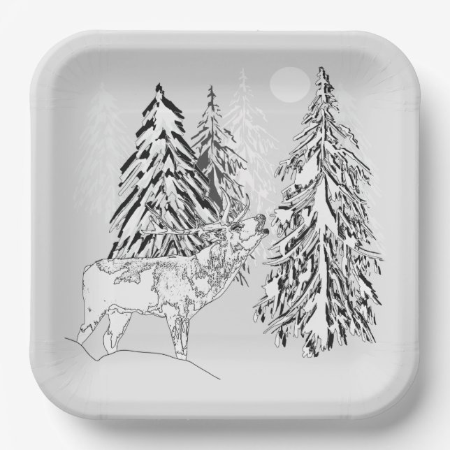 Hirsch, Winter, Wald, Weihnachtsbäume, einfarbig Pappteller (Vorderseite)