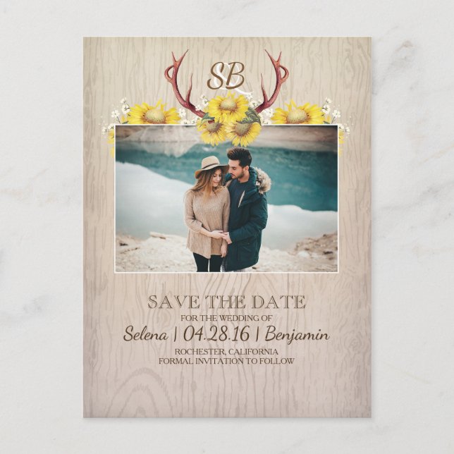 Hirschantler und Sonnenblumen Foto Save the Date Ankündigungspostkarte (Vorderseite)