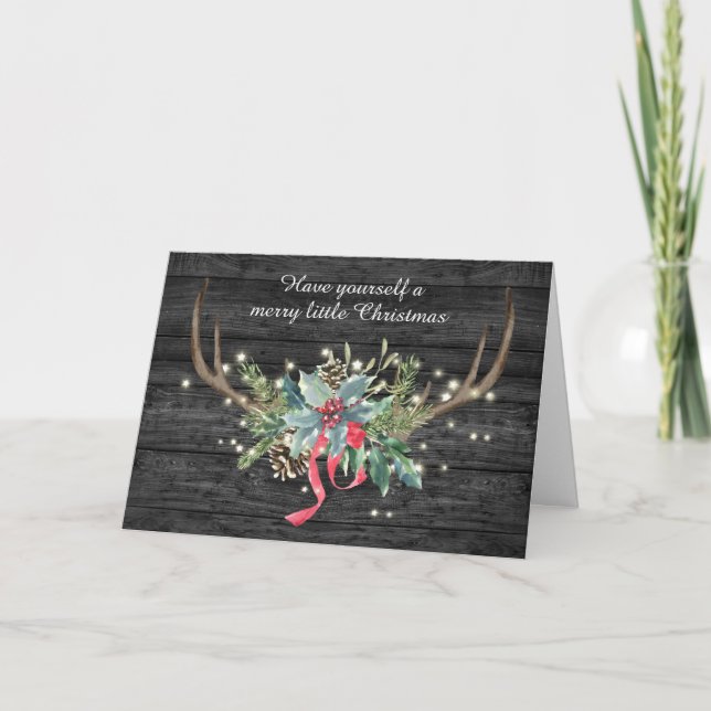 Hirschantler und Weihnachtsbouquet auf Holz Karte (Vorderseite)
