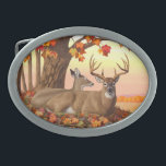 Hirschbaum Ovale Gürtelschnalle<br><div class="desc">Ein weißer Buck und ruhen auf einem sonnigen Hügel unter einem Ahornbaum. Helle Blätter in Rot-,  Orange- und Goldfarben schaffen eine wunderschöne Herbstszene. Realistische Kunstwerke,  die aus einem Originalgemälde des Künstlers Crista S. Forest und der Tierwelt entstanden sind.</div>