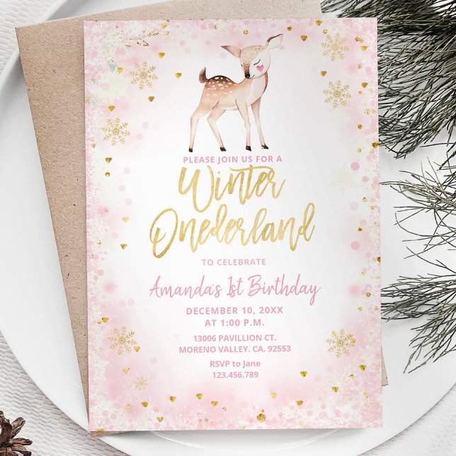 Hirschblush Pink Winter Onederland Geburtstag Einladung (Von Creator hochgeladen)