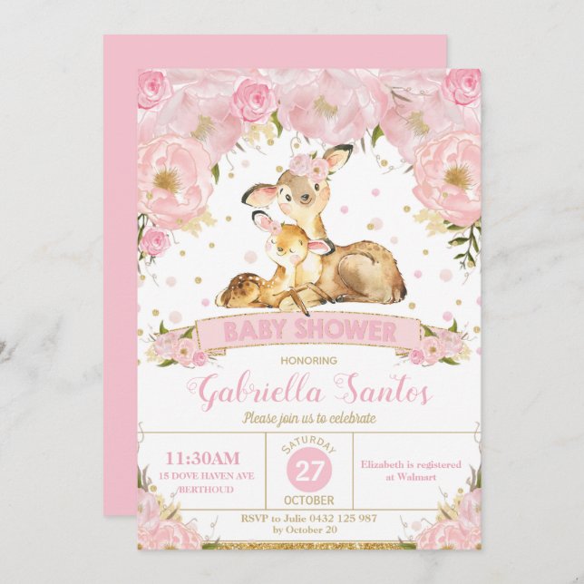 Hirschblütendusche Einladung Mädchen (Vorne/Hinten)