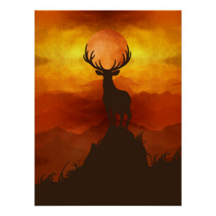 Hirschbock auf dem Berggipfel beim Sonnenuntergang Poster