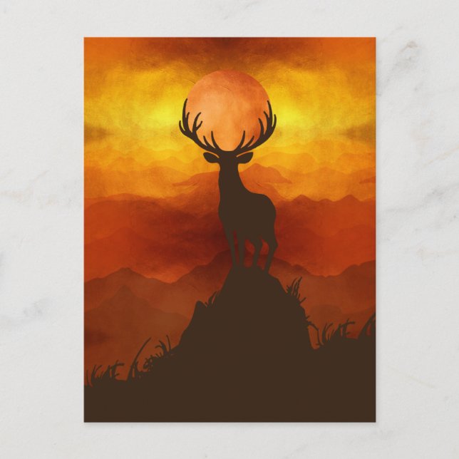 Hirschbuck auf dem Berg mit Sonnenuntergang Postkarte (Vorderseite)