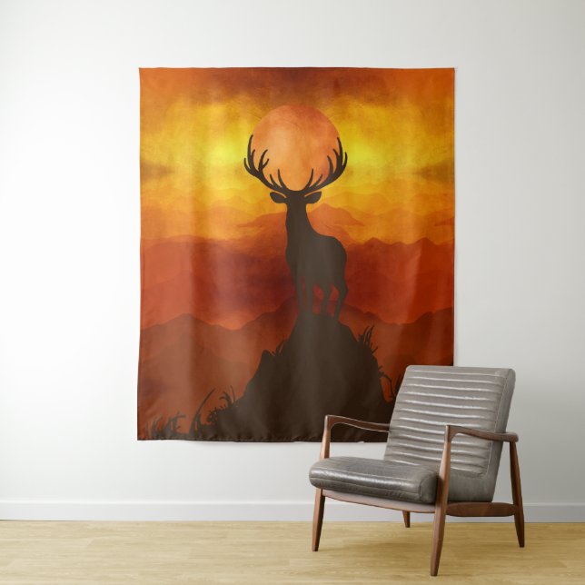 Hirschbuck auf dem Berg mit Sonnenuntergang Wandteppich (Beispiel)