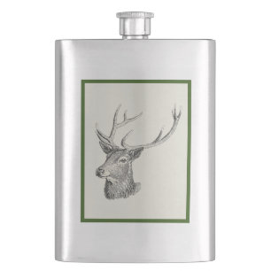 Hirschbuck Kopf mit Antlern Schwarz und Weiß Kunst Flachmann