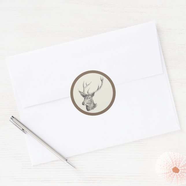 Hirschbuck Kopf mit Antlern Schwarz und Weiß Kunst Runder Aufkleber (Umschlag)