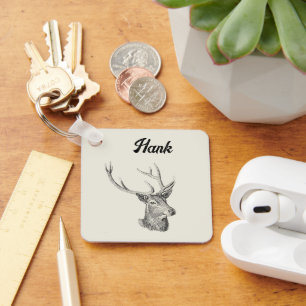 Hirschbuck Kopf mit Antlern Schwarz und Weiß Kunst Schlüsselanhänger