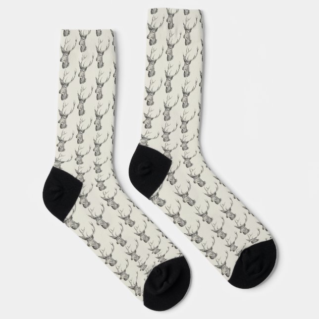 Hirschbuck Kopf mit Antlern Schwarz und Weiß Kunst Socken (Rechts)