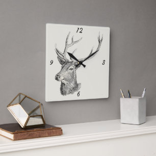 Hirschbuckkopf mit Antlern Jagd Zeichnend Quadratische Wanduhr