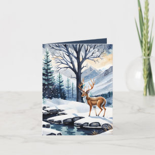 Hirsche am Snowy Lake Falten Weihnachtskarte Feiertagskarte