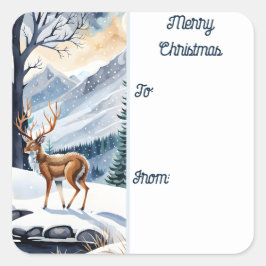 Hirsche am Snowy Lake Weihnachtsschild Quadratischer Aufkleber