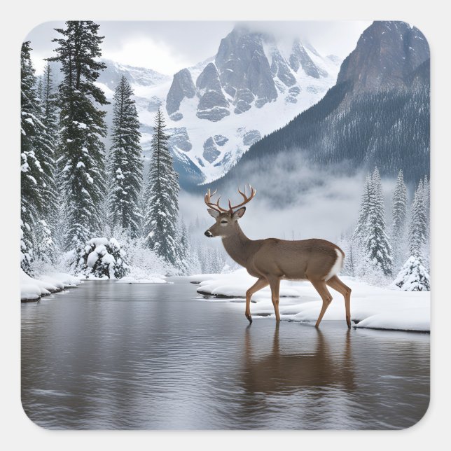Hirsche an einem Fluss im Winter Quadratischer Aufkleber (Vorderseite)