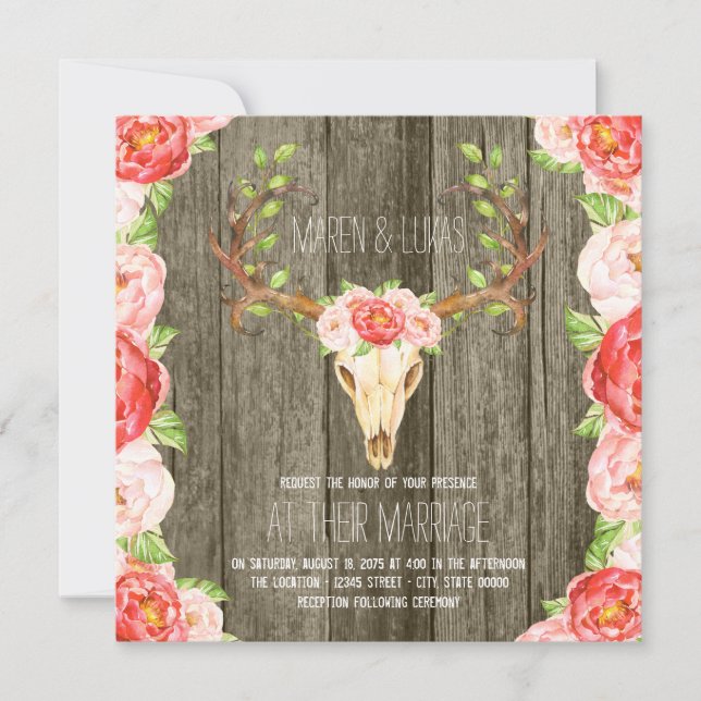 Hirsche Antler Rustic Wood Southwestern Wedding Einladung (Vorderseite)