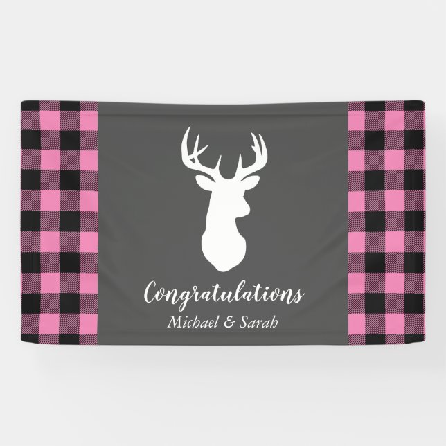 Hirsche Babydusche Mädchen Pink Kariert Banner (Horizontal)