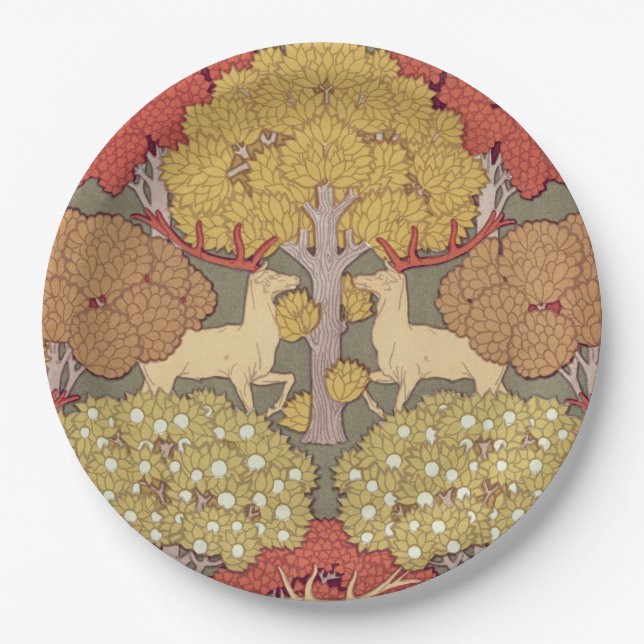 Hirsche, Bäume, Eichhörnchen, Vögel, Rowan Berries Pappteller (Vorderseite)