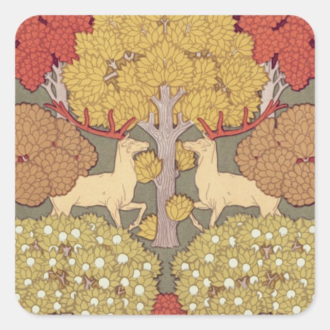 Hirsche, Bäume, Eichhörnchen, Vögel, Rowan Berries Quadratischer Aufkleber (Vorderseite)