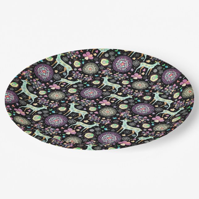 Hirsche Blume Schneeflocken Herzvögel Pappteller (Schrägansicht)